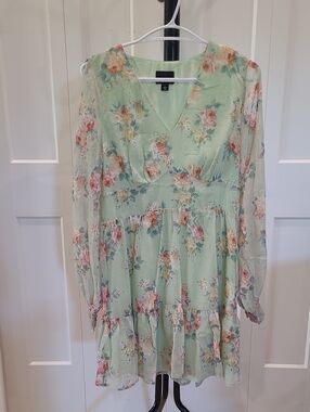 Lumiere Mint Green Floral V-Neck Tiered Mini Dress
